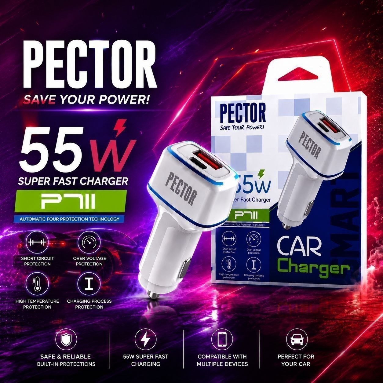 شارژر فندکی اورجینال پکتور PECTOR دو پورت / 55W / مدلP711 / سوپرفست شارژ