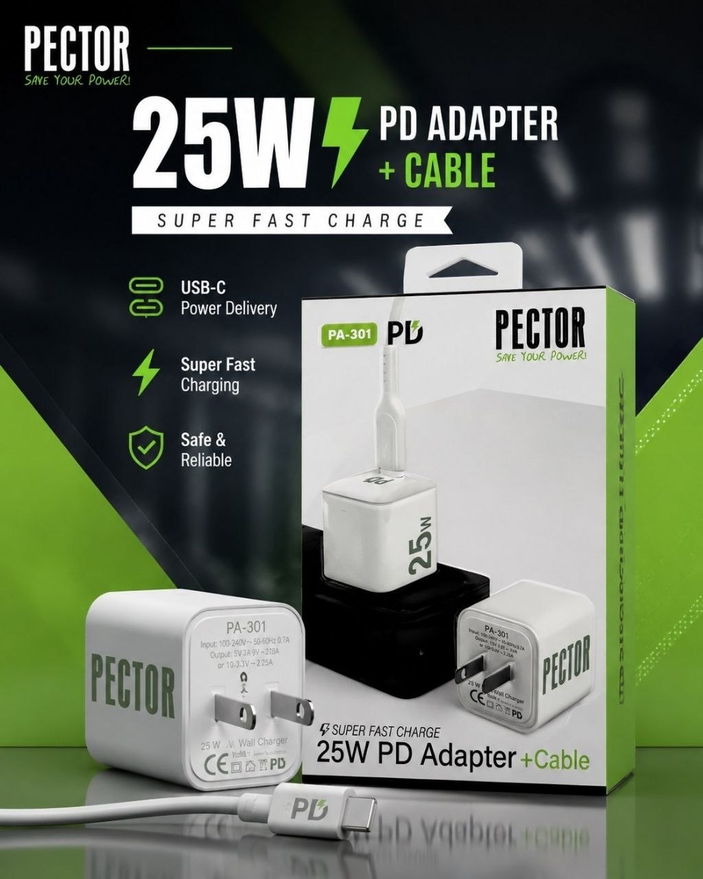 شارژر اورجینال 25W پکدار PECTOR مدل PA301 یکسال گارانتی/SUPER FAST
