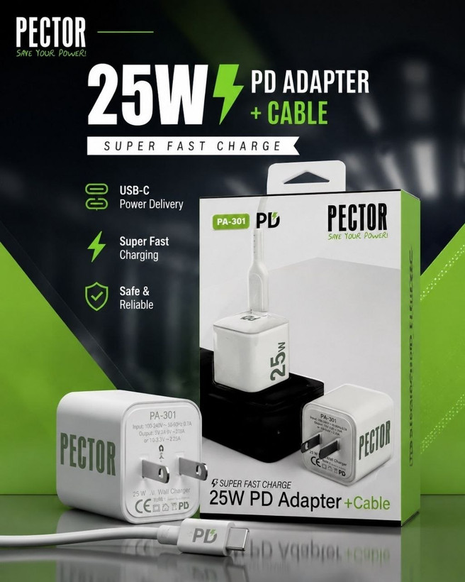 شارژر اورجینال 25W پکدار PECTOR مدل PA301 یکسال گارانتی/SUPER FAST