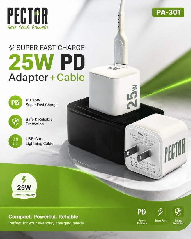 شارژر اورجینال 25W پکدار PECTOR مدل PA301 یکسال گارانتی/SUPER FAST