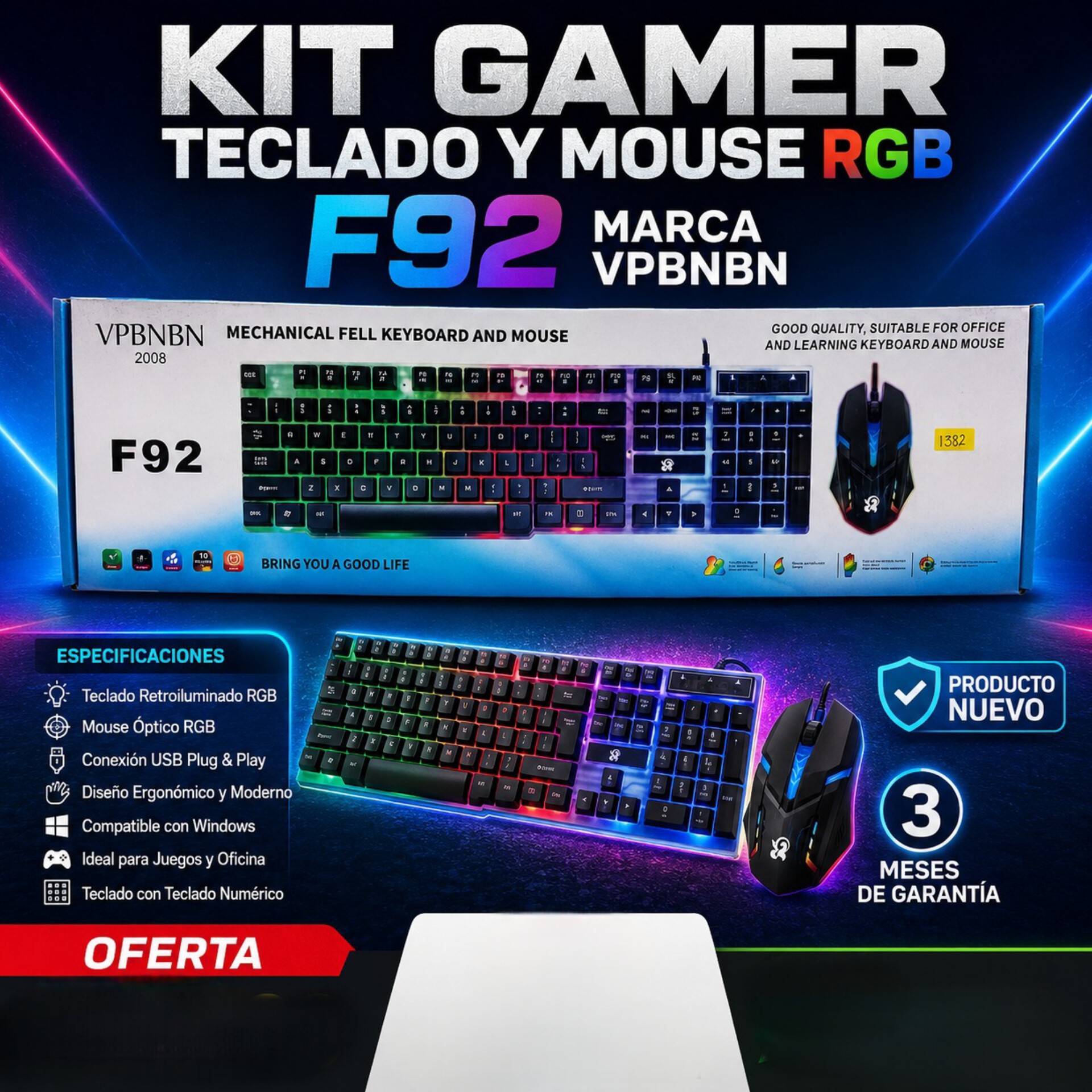 موس و کیبورد گیمینگ F92 RGB